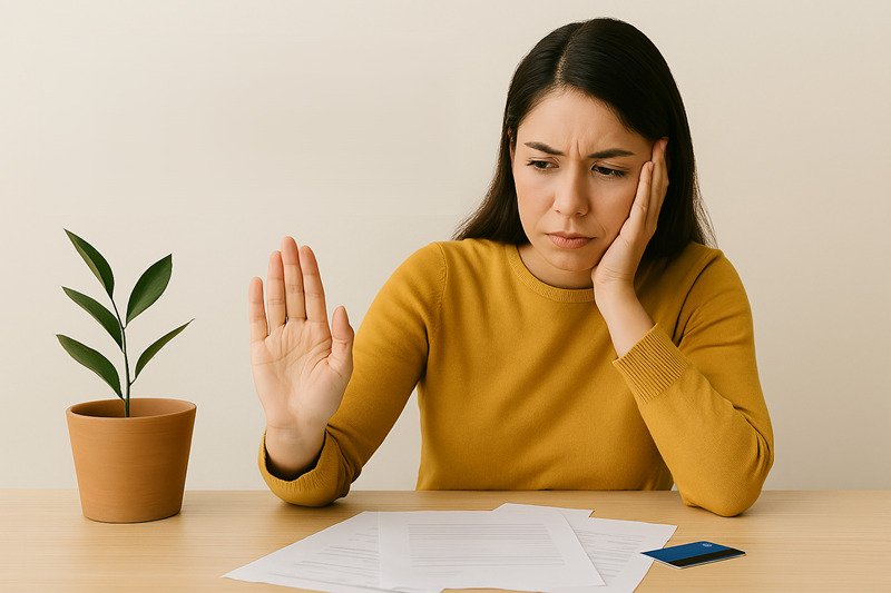 Mulher em postura corporal sinalizando que não vai se deixar endividar