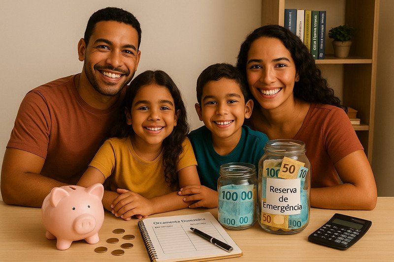 Família feliz reunida demonstrando que possui um controle de orçamento doméstico e reserva de emergência