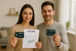 casal segurando cartão de crédito com expressão confiante, representando uso consciente do dinheiro