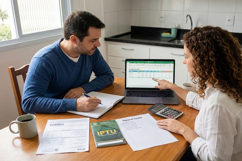 casal planejando pagamento de IPTU, IPVA e compras de material escolar