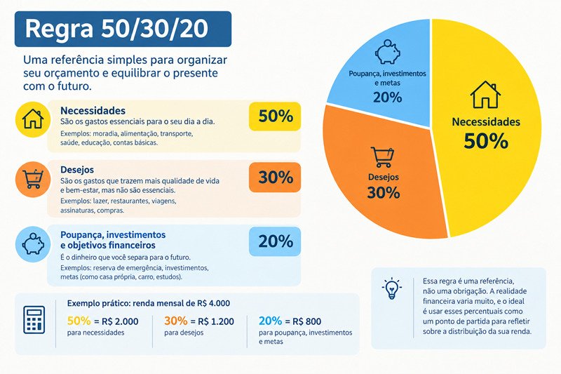 Regra 50/30/20: 50% para necessidades, 30% para desejos e 20% para poupança, investimentos e objetivos financeiros